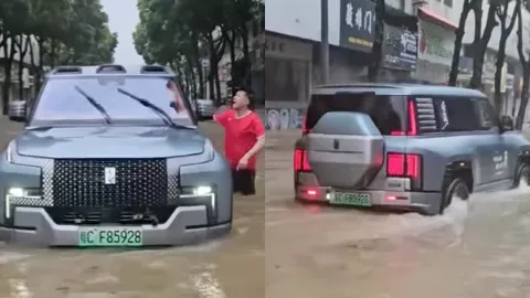 台风积水路成游乐场